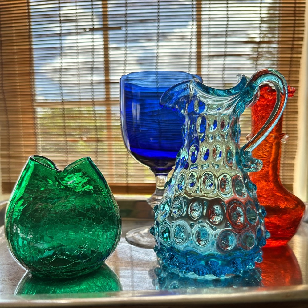 🌹Vintage Art Glass Collection Hobnail Pitcher Crackle Vases, Cobalt Goblet Decor
